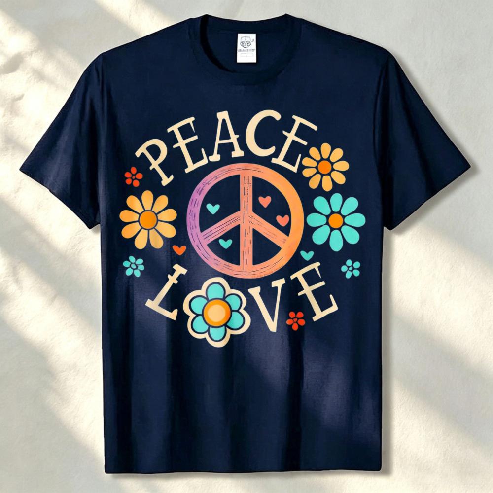 Retro 60s 70s Hippie Peace Love Graphic Tshirt Cotton With Colorful Floral Design Casual Crew Neck Tee For Unisex Clothing Tops