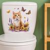 Playful Cat with Flowers and Butterfly Toilet Sticker Waterproof Self-Adhesive Removable Decal for Bathroom WC Decoration