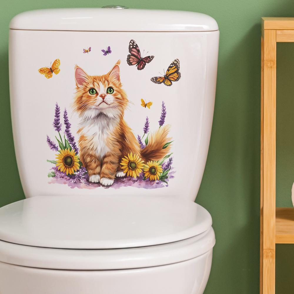 Playful Cat with Flowers and Butterfly Toilet Sticker Waterproof Self-Adhesive Removable Decal for Bathroom WC Decoration