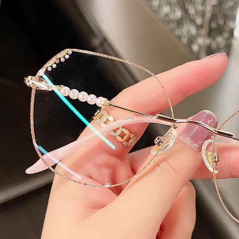 Frameless Reading Glasses Diamond Cut Edged Pearls Large Frame HD Anti Blue Light Fashion Glasses JH238