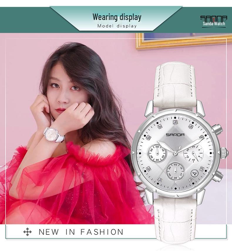 Sanda Women's Trendy Korean Style Casual Watch with Small Seconds, Inlaid Diamonds, and Waterproof Leather Strap