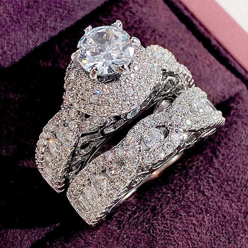 Double-Layer Micro-Inlaid Zircon Set Ring, Luxury Party Wedding Hand Ring, Hollow Design Double Ring