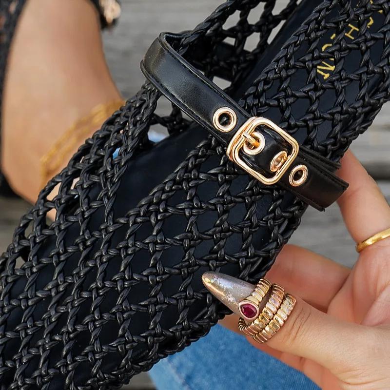 Roman-style Woven and Hollowed-out Mary Jane Women's Shoes 2025 Summer New One-button Flat Single Shoes Fashion Sandals Trend