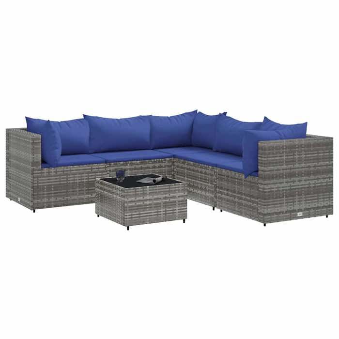 VidaXL Garden Lounge Set 6 Pcs with Cushions Grey Wicker, Outdoor Sofa Set, Garden Corner Sofa, 3308135