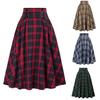 Damenrock, hohe elastische Taille, großer Saum, A-Linie, Farbblock, karierter Druck, locker, knöchellang, weiche Taschen, Retro-Rüschen, elegante Party, Pendeln, Lady Maxi