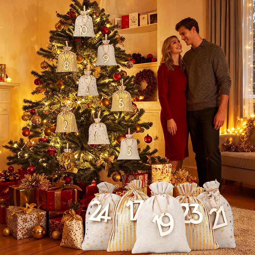 Christmas Bag Advent With Numbers Reusable Pouches Countdown Calendar Sacks Advent Christmas Decorations for Adults Kids Lovers