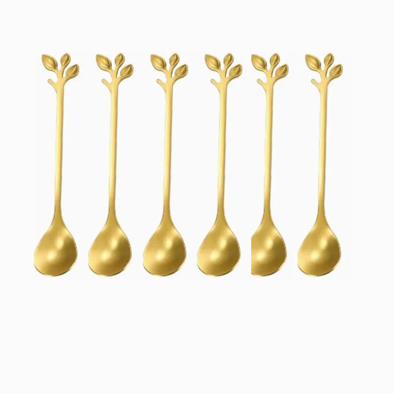 Creative Stainless Steel Leaf Shape Gold Flatware Fruit Fork Dinnerware Appetizer Snack Dessert Fork Kitchen Tableware 6Pcs