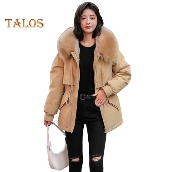 Women Padded Jacket Thickened Plush Lined Coat with Drawstring Waist Winter Warm Puffer Jacket with Faux Fur Hood for Work Streetwear