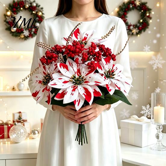 Artificial Dieffenbachia Plants Poinsettia Flowers, Christmas Fake Floral Berry Centerpiece, Fade-Resistant Life Like Indoor Greenery Red And