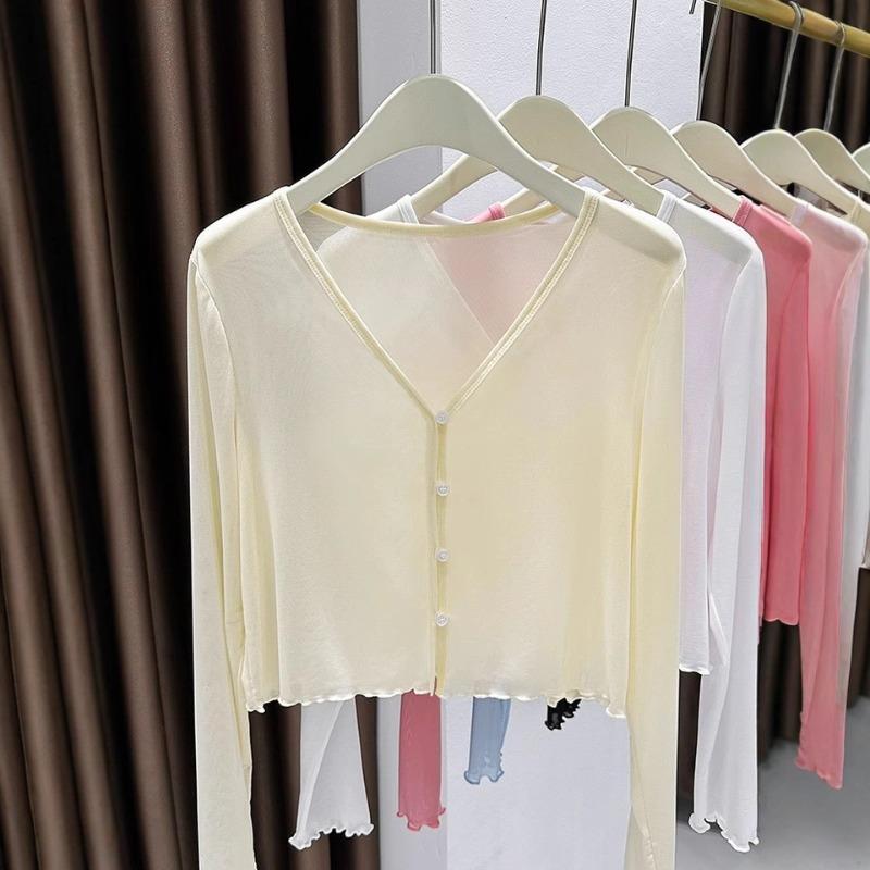 Ice Silk Cool Tulle Sunscreen Cardigan Women's Shawl Summer with Skirt Suspenders Outer Blouse Transparent Mesh Top