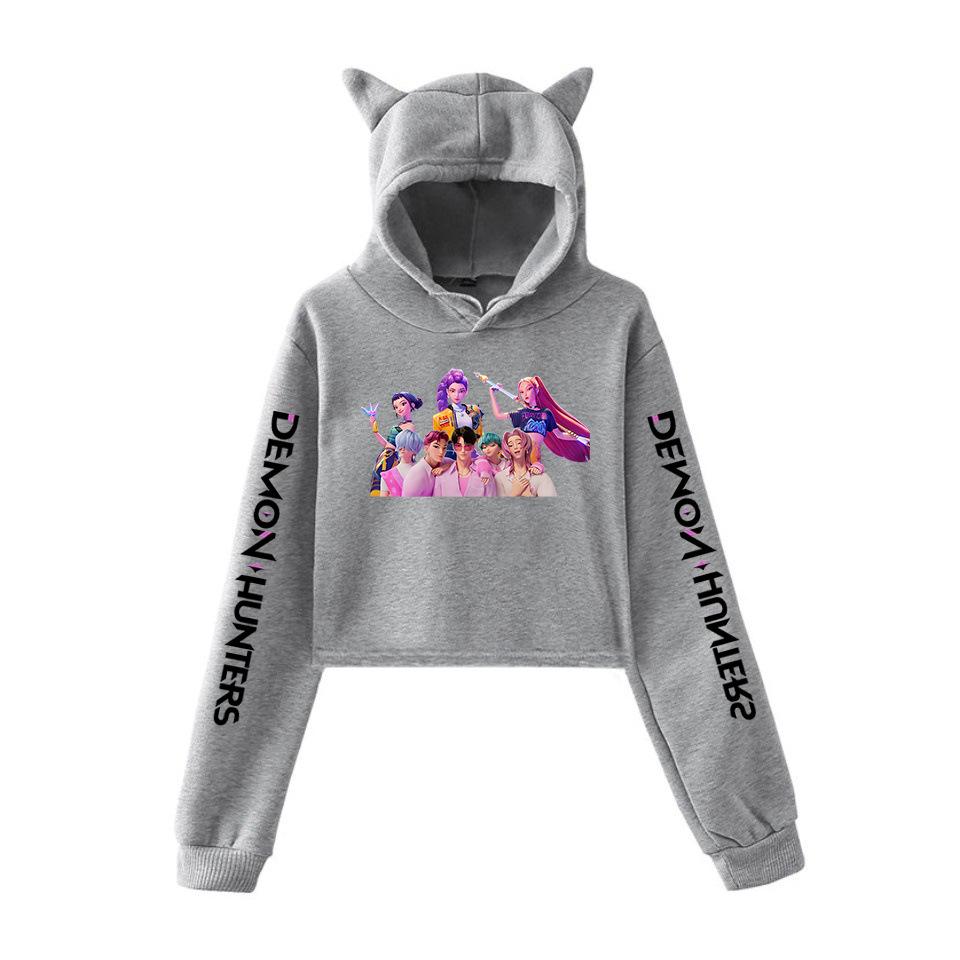 Hot KPop Demon Hunters Crop Tops Cat Ears Sweatshirt Long Sleeve Girls Women Fashion Hoodie