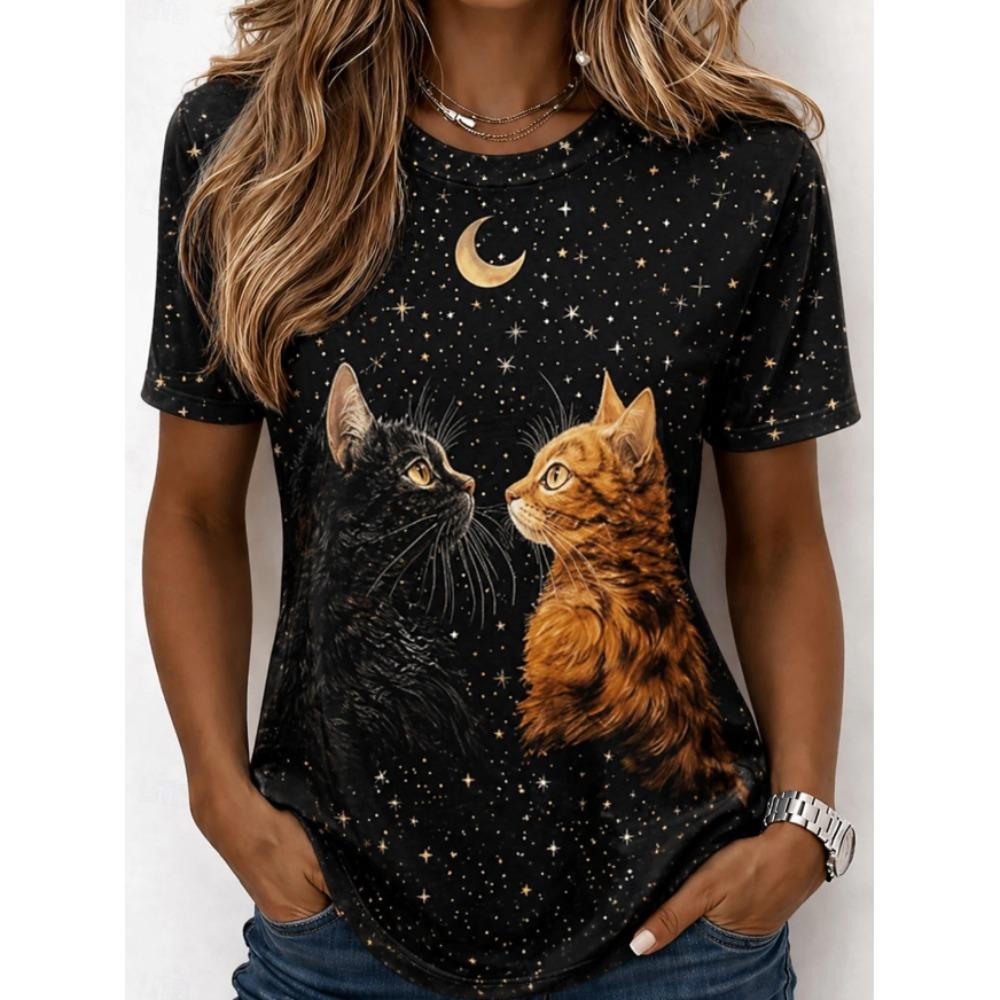 Mode Damen Retro Kreativ Haustier Muster Druck T-Shirt Lustig Lässig Rundhals Kurzarm T-Shirt Sommer Damen T-Shirt