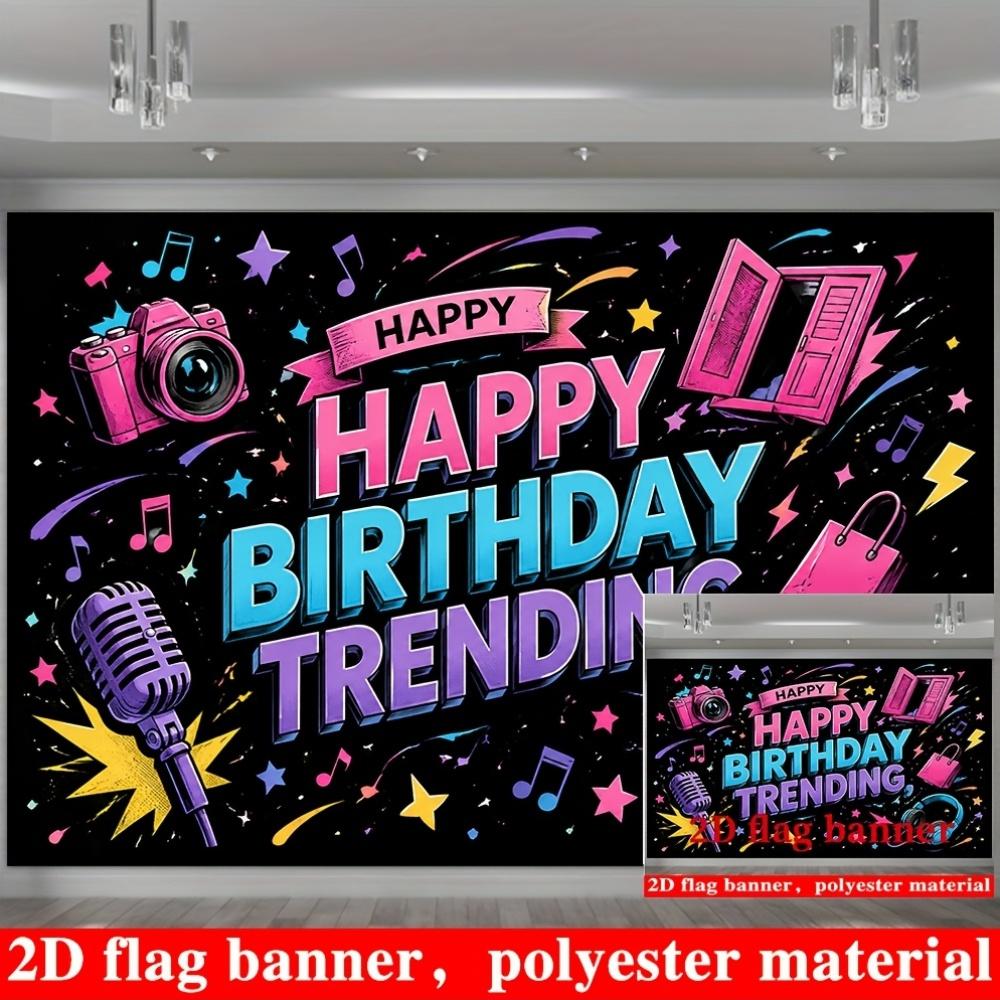 Trendy Happy Birthday Banner Backdrop Microphone Camera Notes Stars