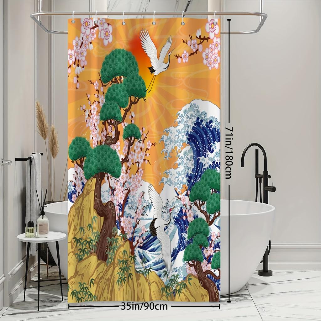 Shower Curtain: Traditional Japanese Scene with Cranes, Cherry Blossoms, and Ocean Waves for an Oriental and Harmonious Bathroom