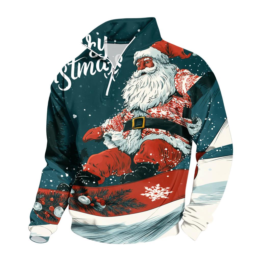 Men's Casual Stand Collar Sweatshirt with Christmas Print Long Sleeve Pullover
