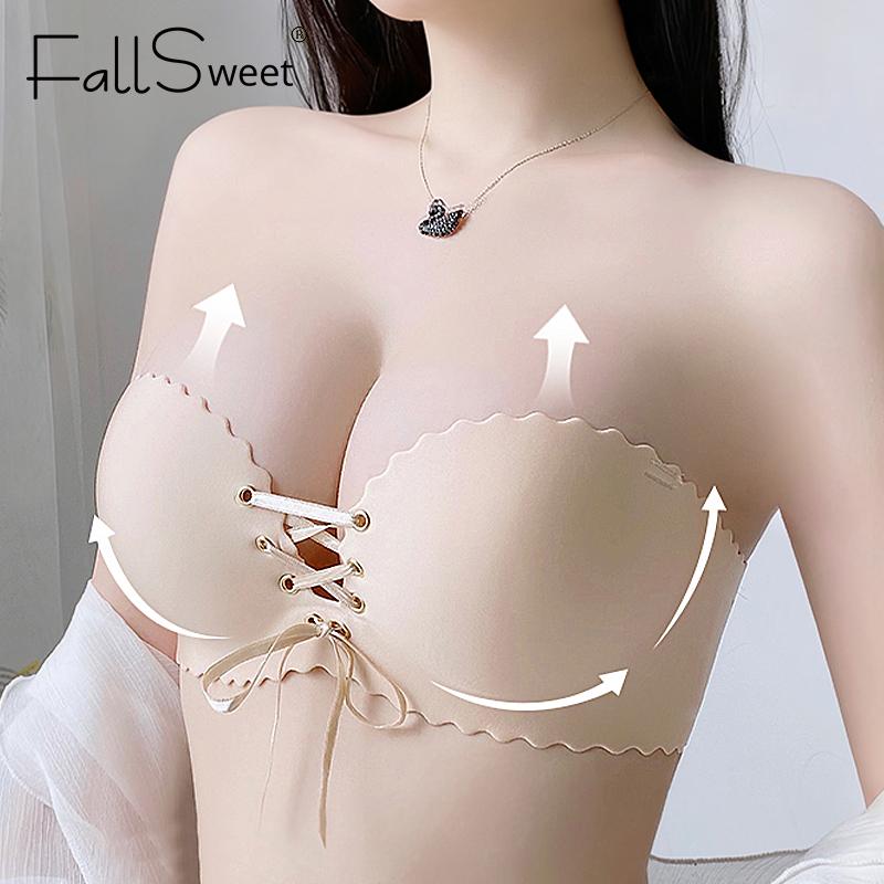 

Бюстгальтер без бретелей пуш-ап для жінок безшовний бюстгальтер сексуальний бюстгальтер на шнурівці для маленьких грудей з ефектом збирання бездротова жіноча білизна 38C бежевий