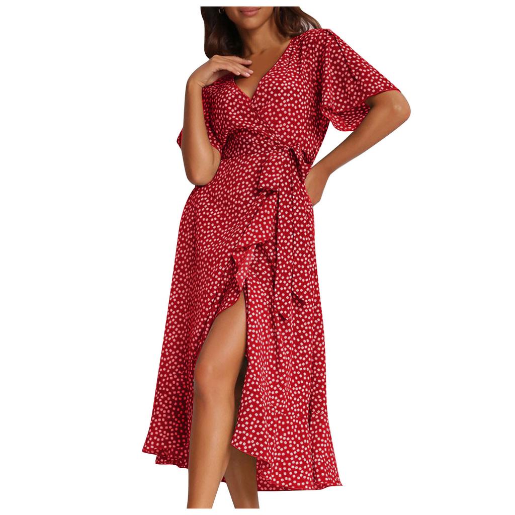 Fashion Women's Printed V-Neck Irregular High Waist Tie Sexy Casual Short Sleeve Dress