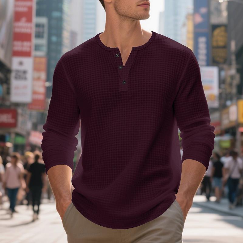 Men's Jacquard Small Square Buckle Henley Long Sleeve Retro Base T-shirt