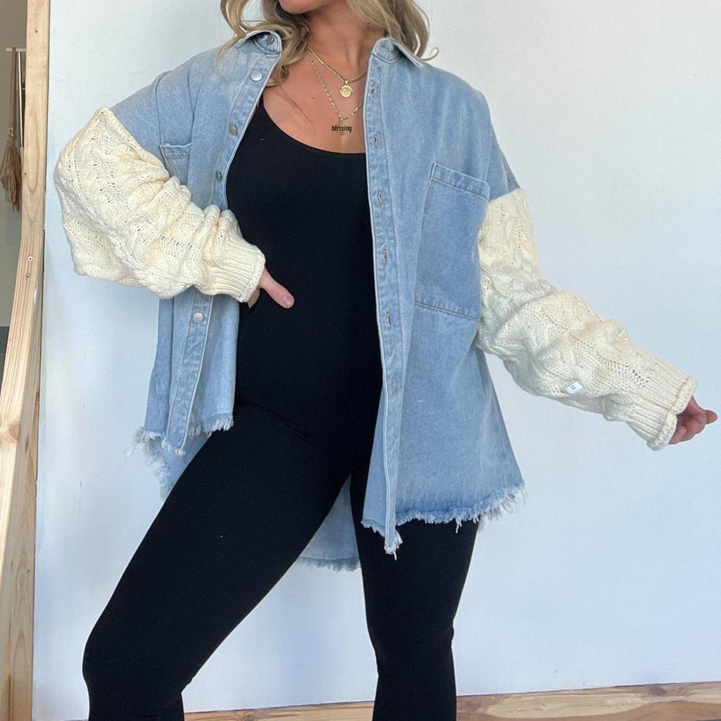 Chaqueta de Lana Denim con Manga de Punto Patchwork para Mujer Transfronteriza 2023