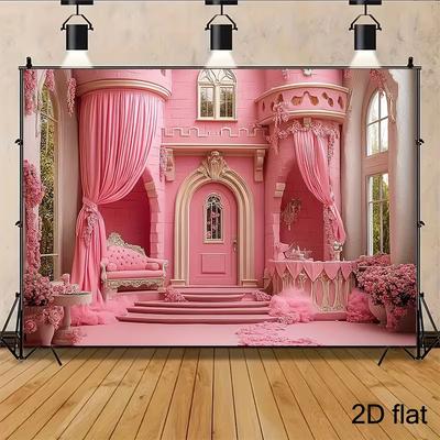 2D Fairy Tale Pink Castle Backdrop, Elegant Floral Princess Palace Background for Birthday & Studio