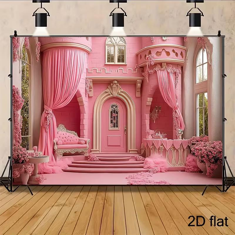 

2D Fairy Tale Pink Castle Backdrop, Elegant Floral Princess Palace Background for Birthday & Studio 47.2x31.5inch/120*80cm