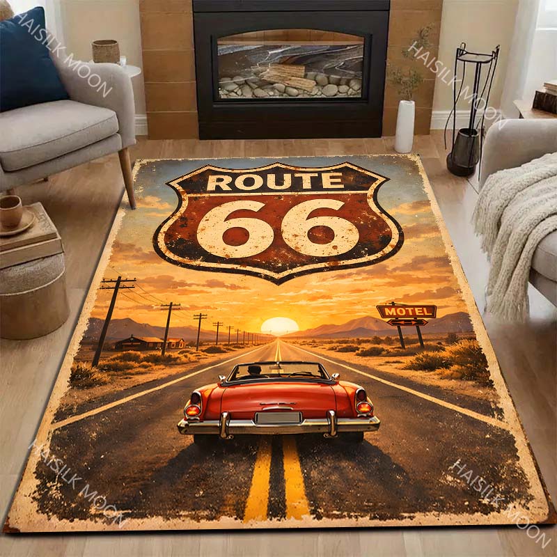 Route 66 vintage sign sunset convertible Print Carpet for Living Room Bedroom Sofa Home Decor Rus Non-slip Floor Mat Luxury Gift