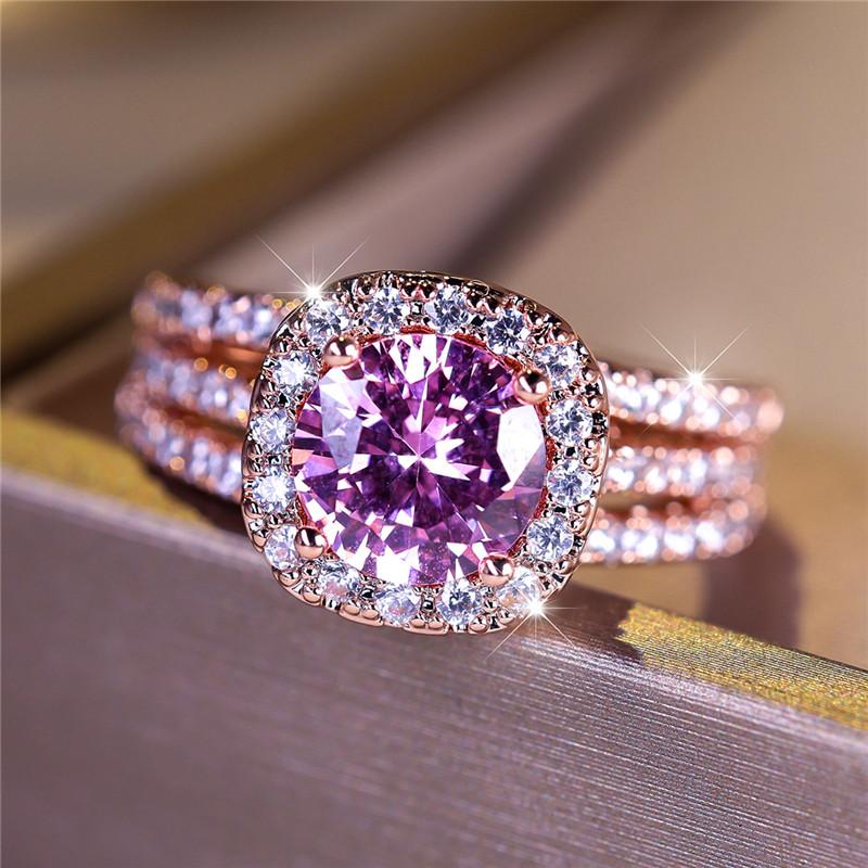 Luxury Female Small Pink Round Zircon Stone Engagement Ring Trendy Rose Gold Color Bride Wedding  Gift For Women