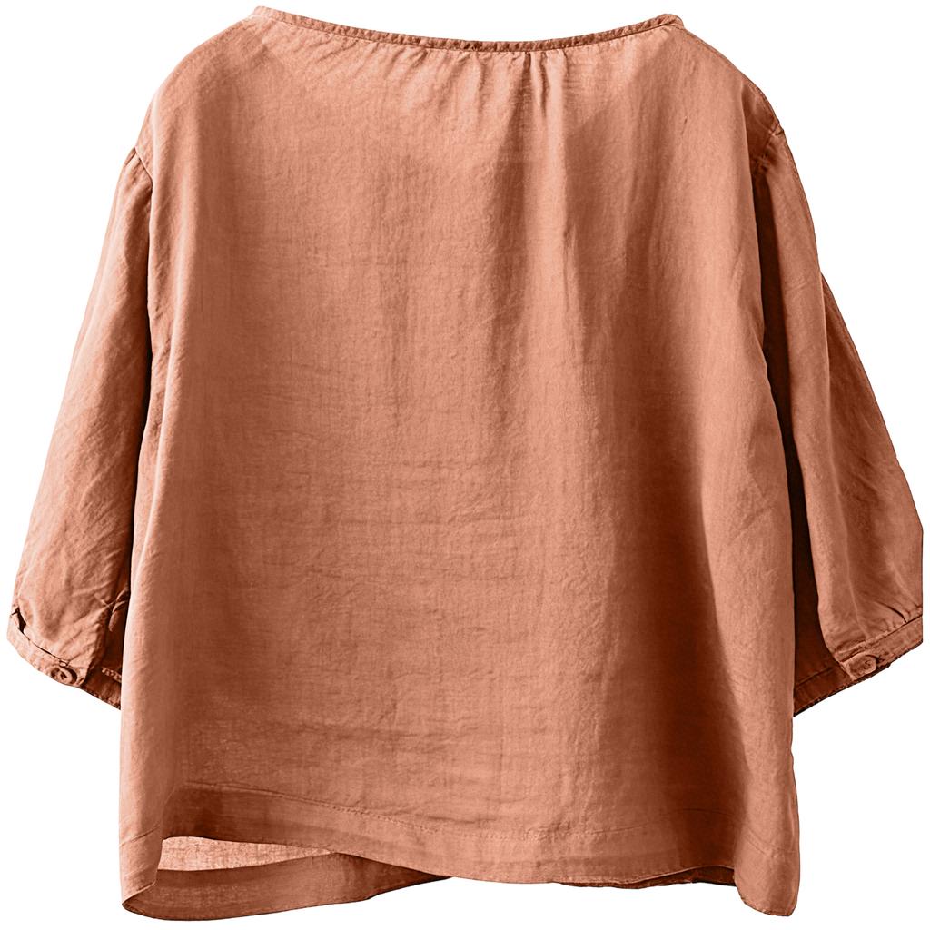 Damen Retro 3/4 Ärmel Vielseitige einreihige Leinen-Baumwoll-Bluse Lässiges lockeres Oberteil