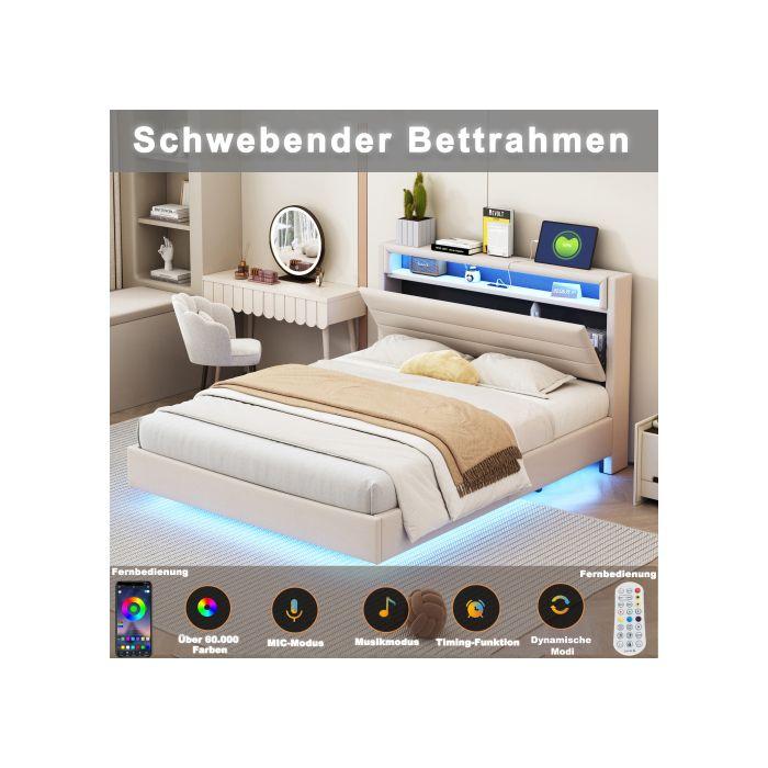 Lit capitonné - MUVOE - 160x200 cm - Prise USB - Éclairage LED - Tête de lit réversible