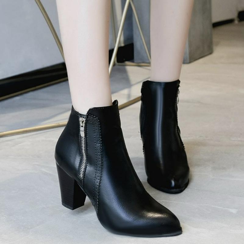 Stivali da donna Tacco grosso Stivaletti Stivaletti retrò con tacco alto Stivali outdoor in pelle PU Cerniera Casual Scarpe da donna Botas Mujer
