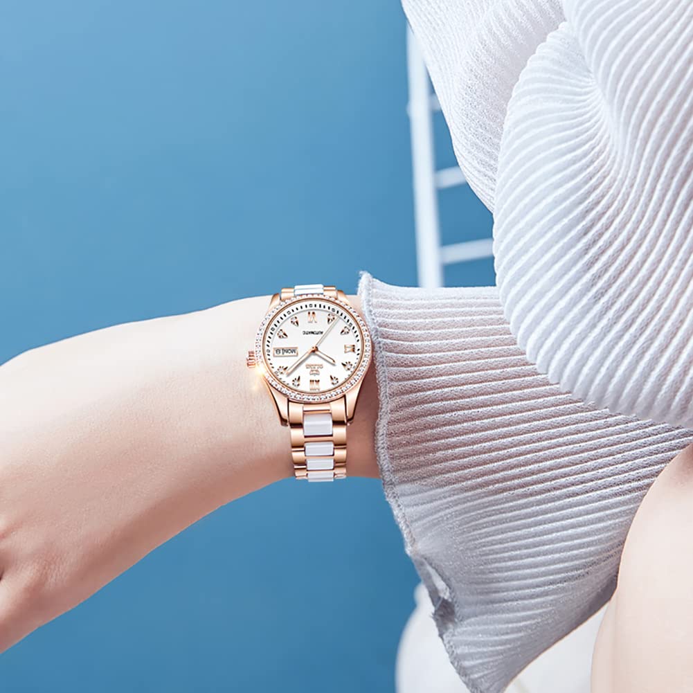 OLEVS Popular and Waterproof Mechanical Watch with Date Luminous and Ceramic White Women's Wristwatch, Stylish, Display, Dial, Bracelet,