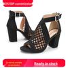 Peep-Toe Chunky Heel Sandals: 2025 Summer Plus-Size Collection for Women – European & American Style, Hollow Design