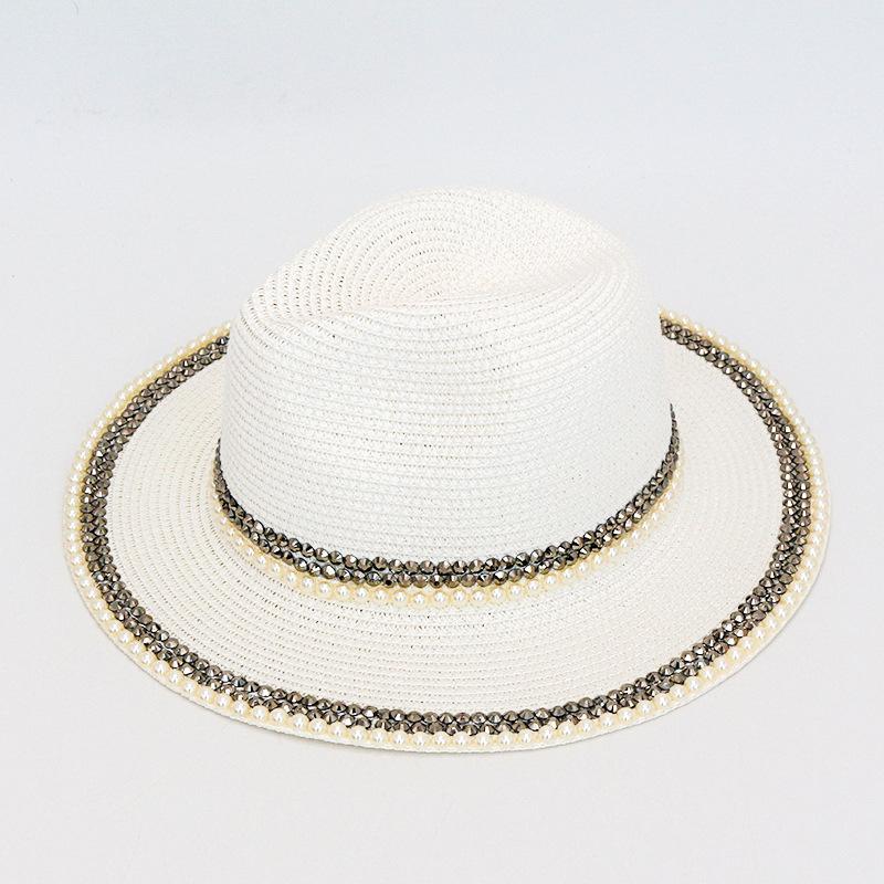 Woven Lafite Pearl Straw Hat British Style Hot Diamond Top Hat Outdoor Trend Sun Protection Big Brim Sun Hat