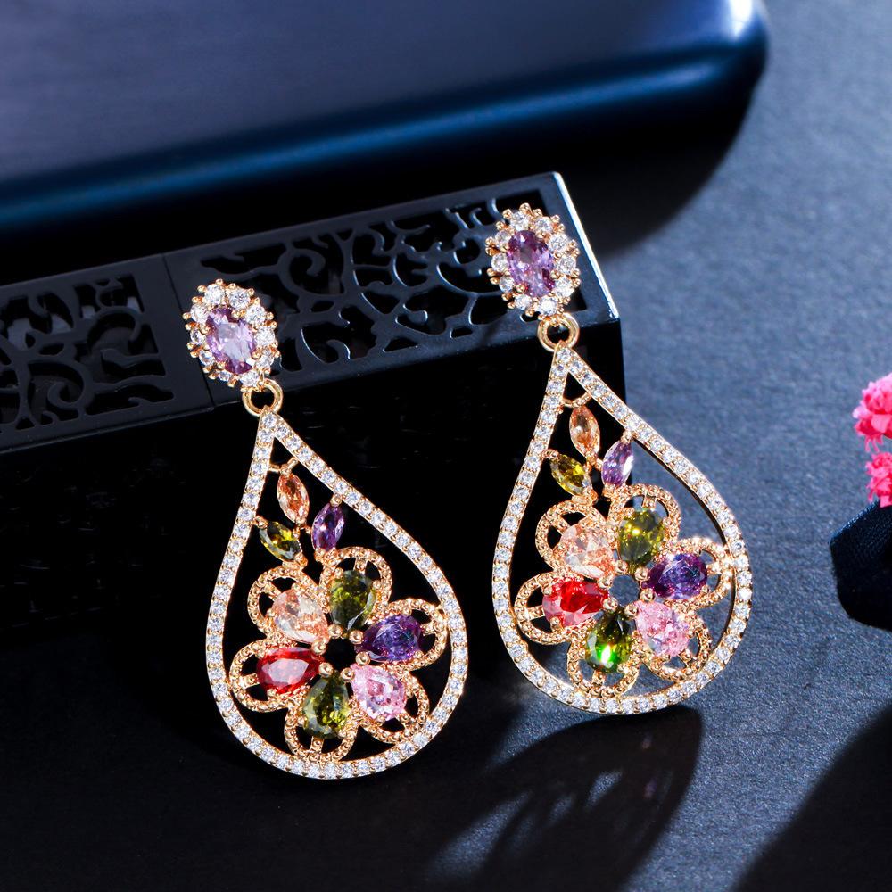 E0225 Premium Inductively Plated Champagne Gold Zircon Earrings, Vintage Color Water Drop Earrings