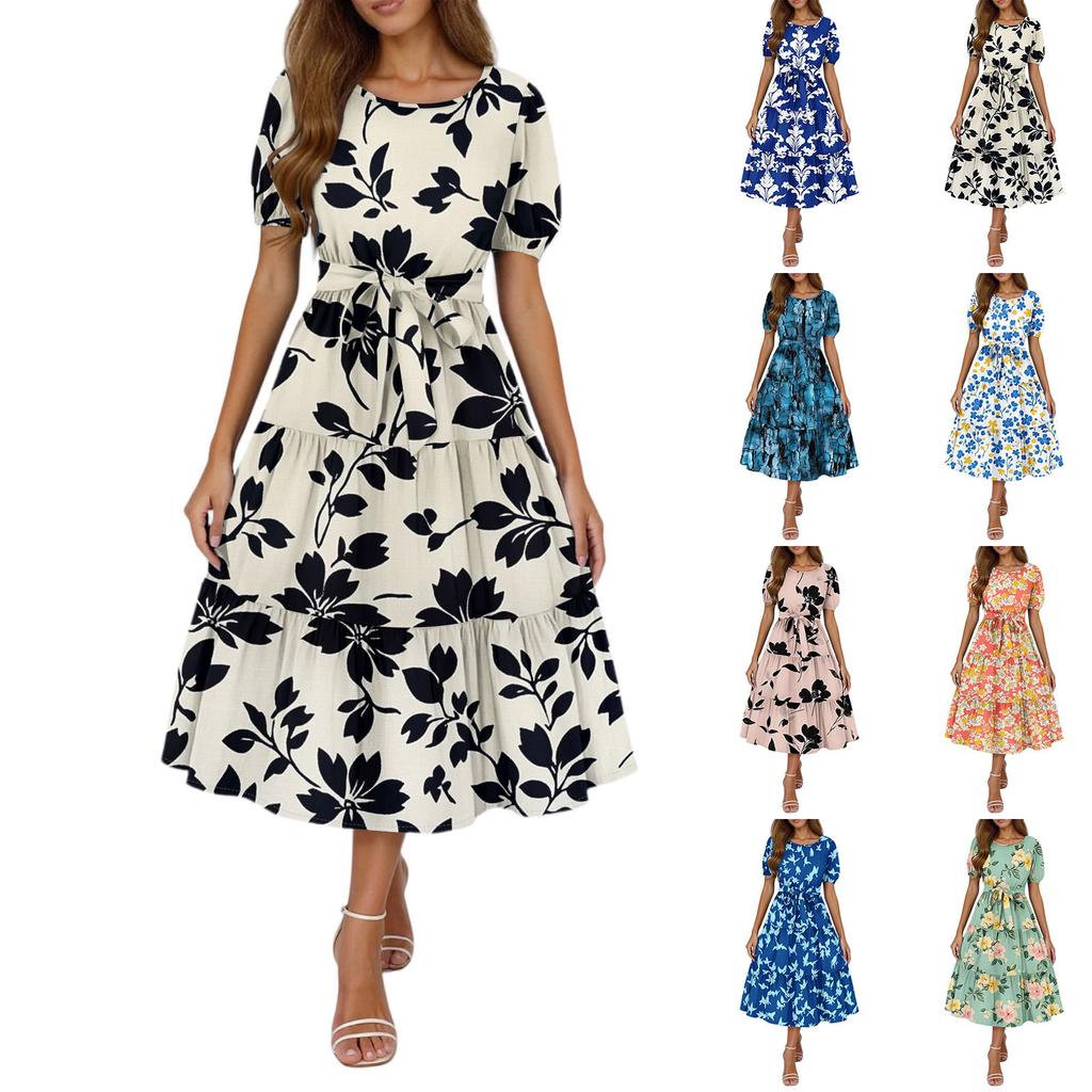Women's Summer Floral Print Short Sleeves Neck Waistband Bohemian Flowy Maxi Dress With Pockets