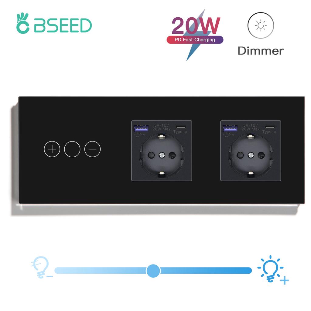 BSEED Touch Dimmer Switches 1gang1way Wall Light Switch LED Dimmer Plus EU Wall socket USB EU Standard Blue Backlight 10A