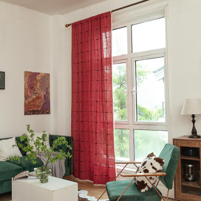 Grey Curtain Finished Product Embroidery Cotton And Linen Solid Color Plaid Coffee Insulation Living Room Kitchen Set Rod Partition Curtain