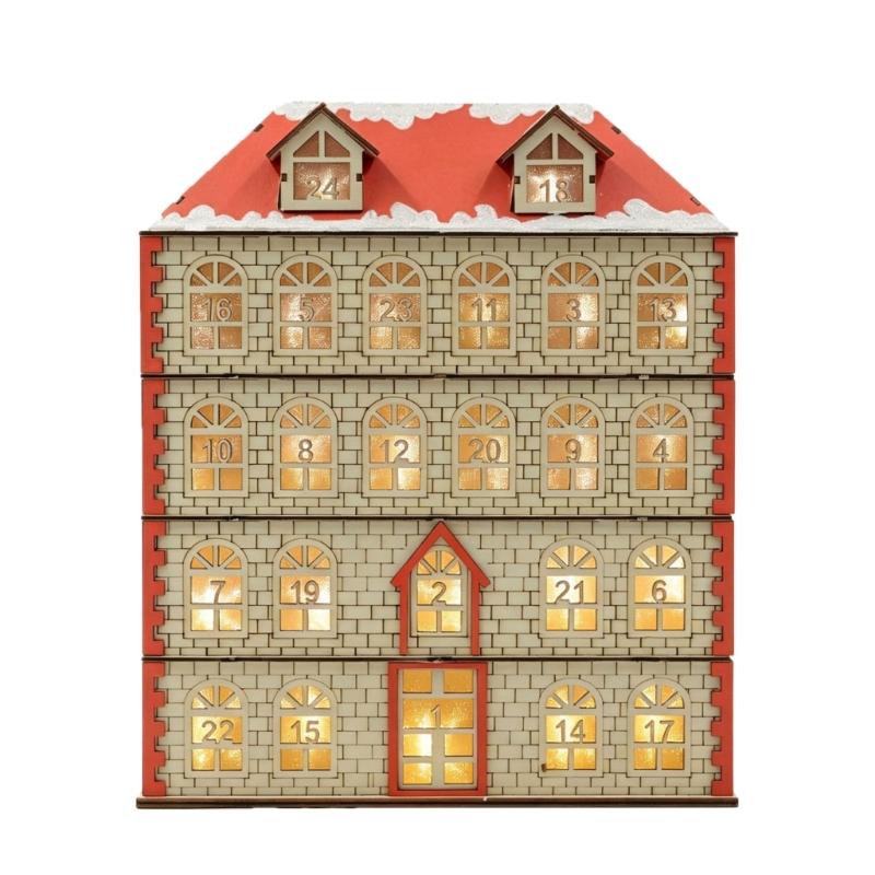 Weihnachts-Adventskalenderhaus mit 24 kleinen Schubladen und warmem Licht, hölzerne Feiertagsdekoration für Familienregal und Eingangstisch, zur Verwendung in Innenräumen 1 brown
