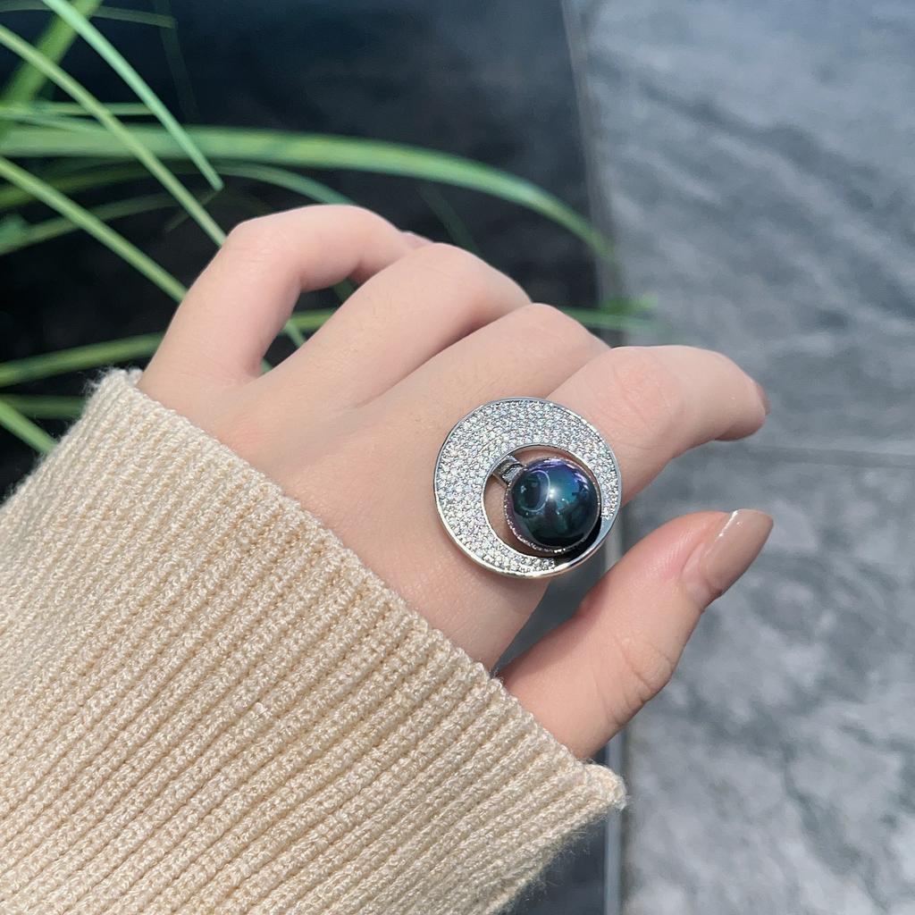 Imitation Tahitian Black Pearl Ring Opening Starry Aurora Light Luxury Temperament High-End Feeling Full Of Diamonds