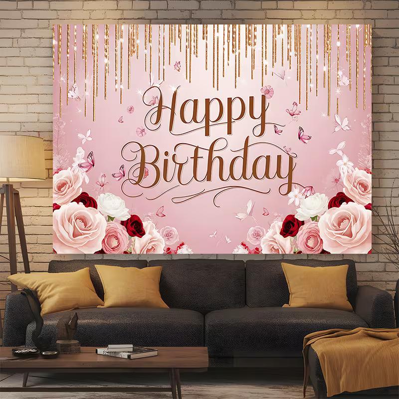 2D Romantic Pink Floral Birthday Backdrop Girls' & Adult Celebration Photo Background