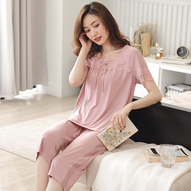 Pajamas Women's Summer Modal Short Sleeve Cropped Pants Homewear Summer Thin Middle-aged Mom Large Size Two-piece Set