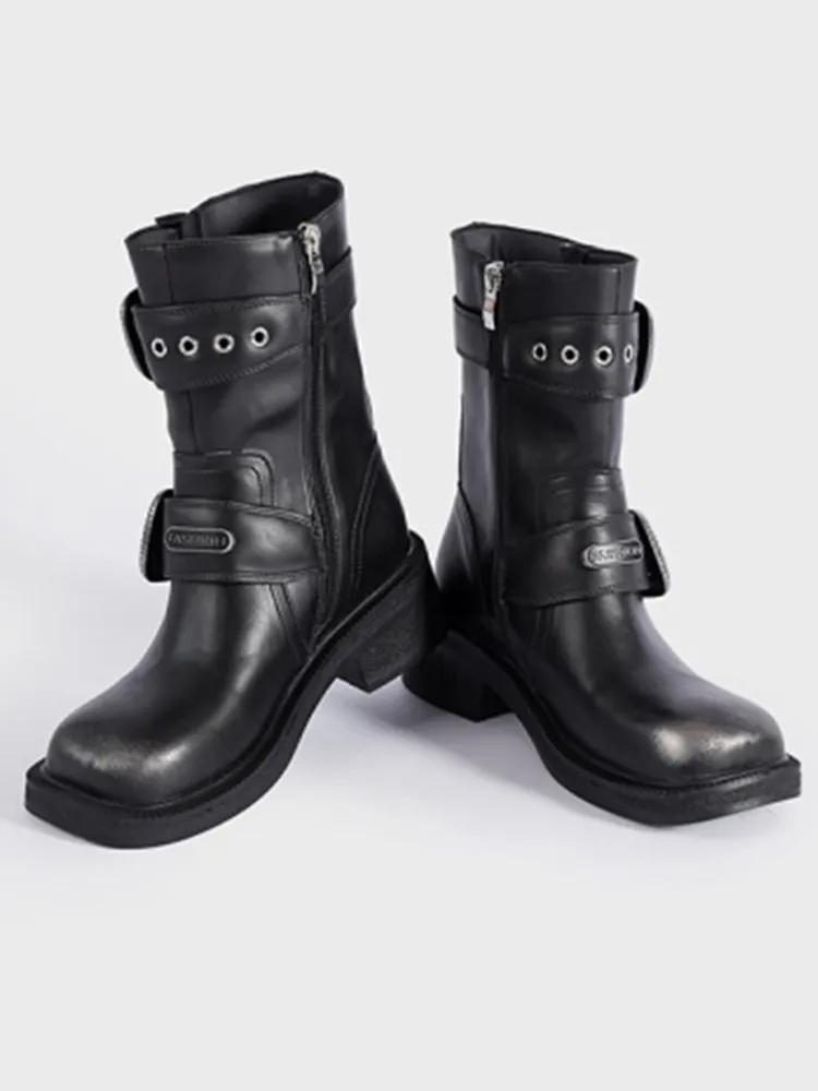 Осень и зима Новые женские короткие сапоги на грубом каблуке с квадратным носком и пряжкой на ремне с боковой молнией рыцарские сапоги модные мотоциклетные сапоги 35 чёрный 5549₽