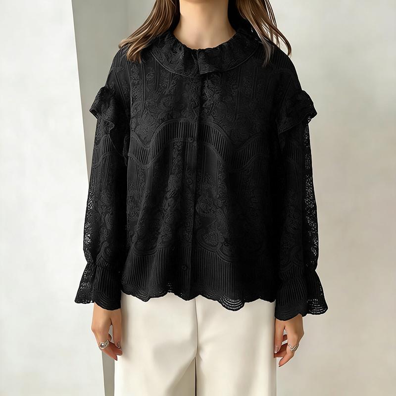 ZANZEA Women Casual Round Neck Long Sleeve Loose Lace Blouse