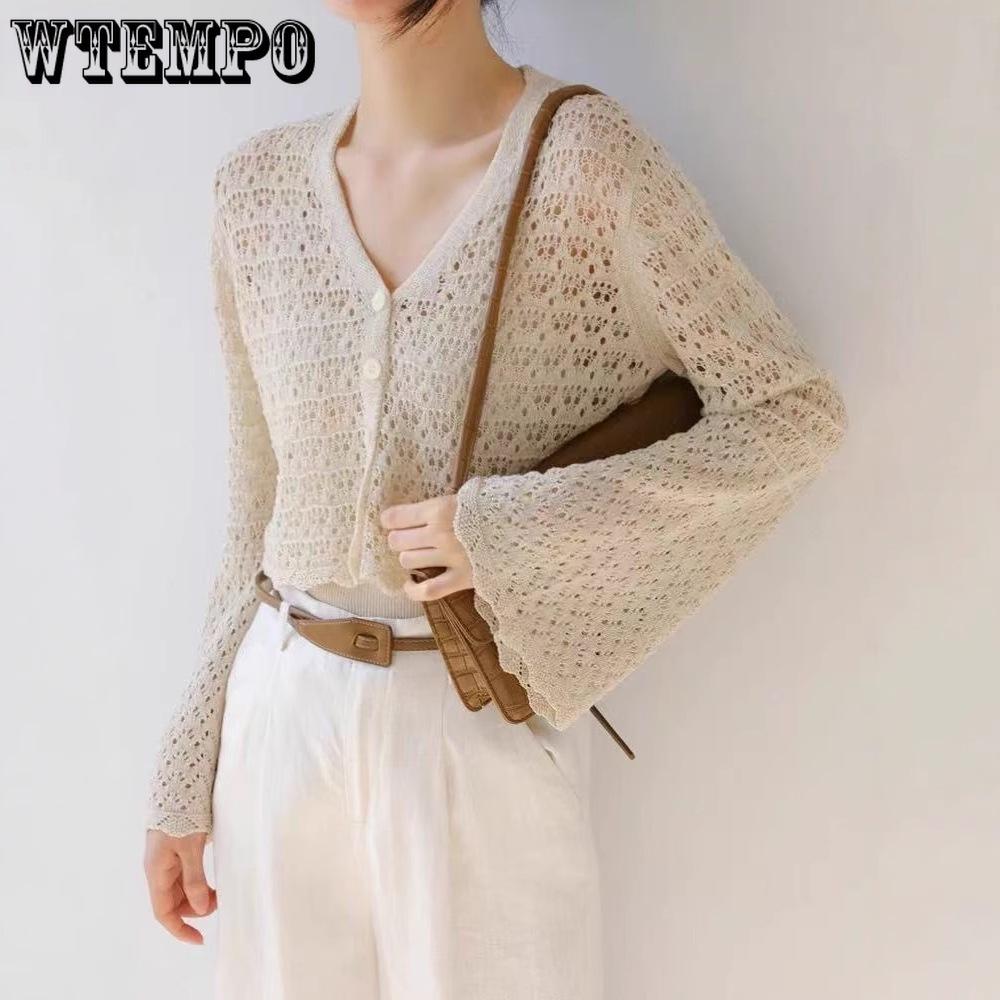 Female Hollow V-neck Knitted Cardigan Thin Cover Long Sleeved Solid Color Top Fashionable