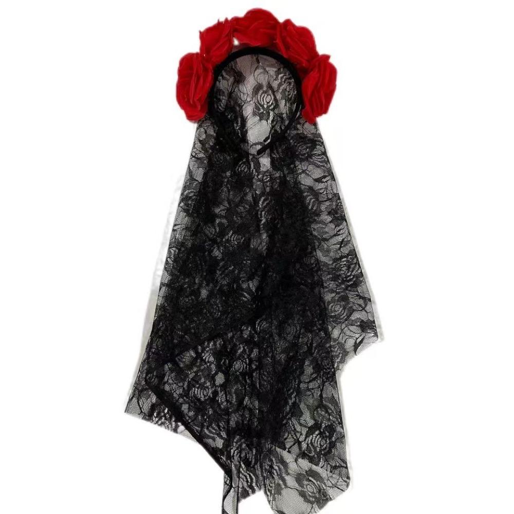 Spooky Lace Material Ghost Bride Headband Gothic Performance Prop Floral Lace Veil Simulation Rose Headband Cosplay Event