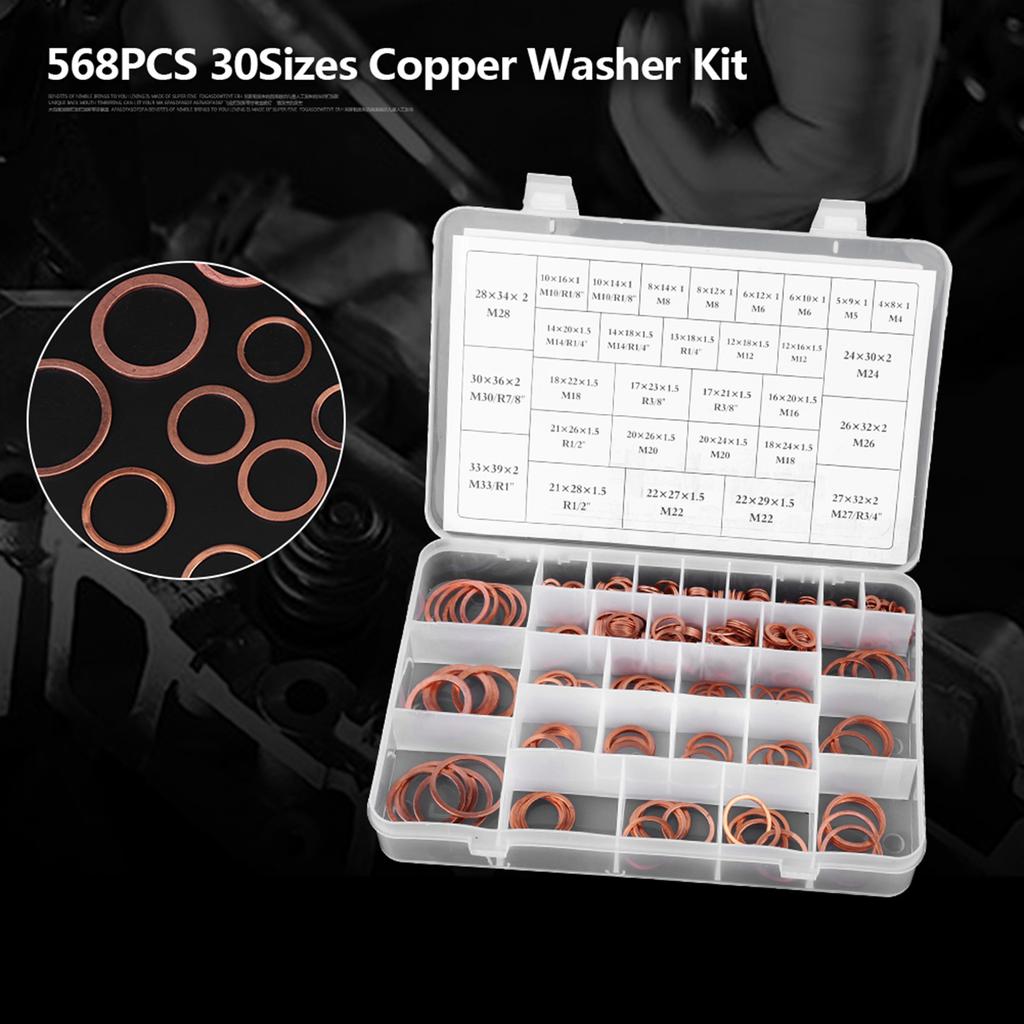 570pcs 30 Sizes Copper Washers Flat Ring Set Kit with Plastic Box