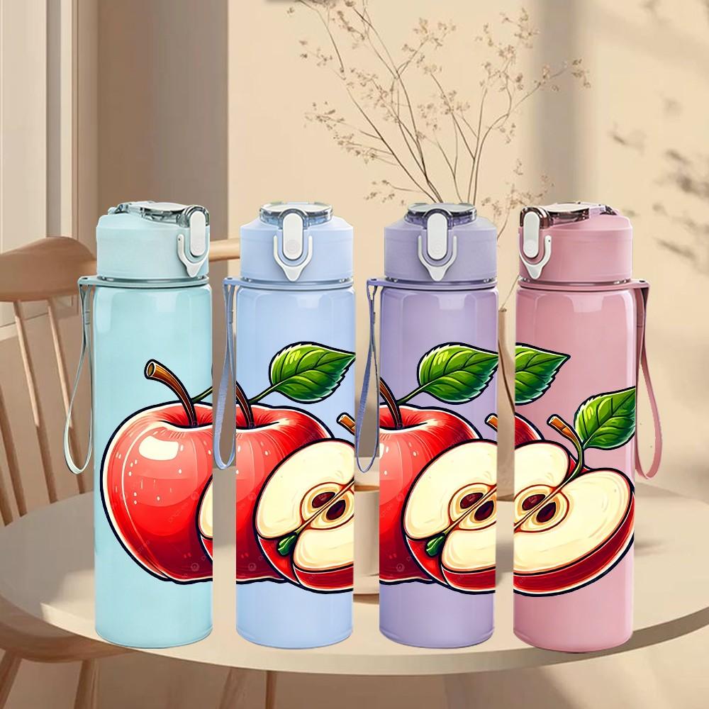 1PC Fresh Red Apple Fruit Sliced Print 750ml Color Plastic Sports Water Bottle Leakproof Flip Straw Lid Suitable for Sports Office Home Use