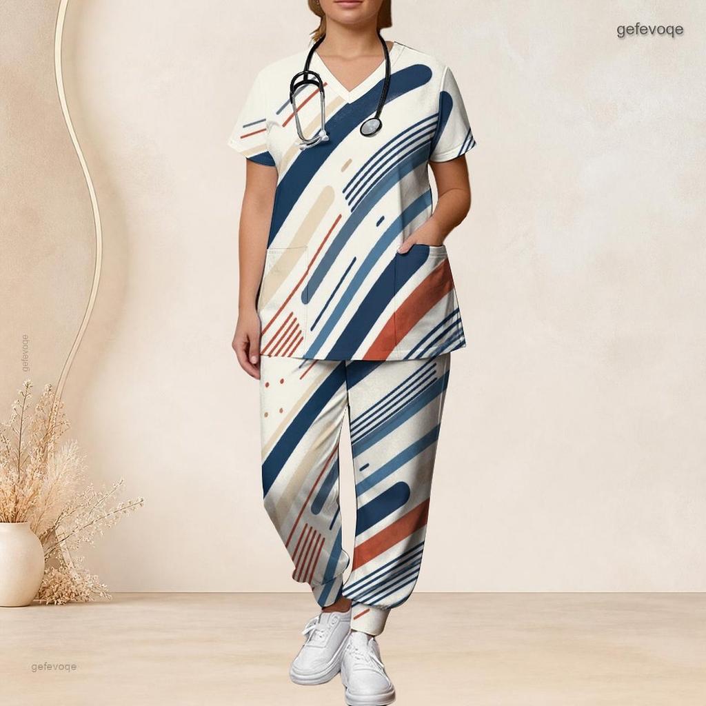 Women Plus Size Patriotic Eagle And Stripe Print Scrub Set Short Sleeve V Neck Top And Wide Long Pants Medical Uniform