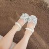 Girls Leather Shoes for Wedding Party Kids Stage Shoes Rhinestone with Pearls Bow-knot Princess Dress Shoes High-heel Model Shoe