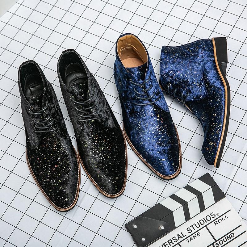 Spring autumn sequined suede mid-calf boots Fashion pointed leather boots wear high top lace-up Chelsea boots D482